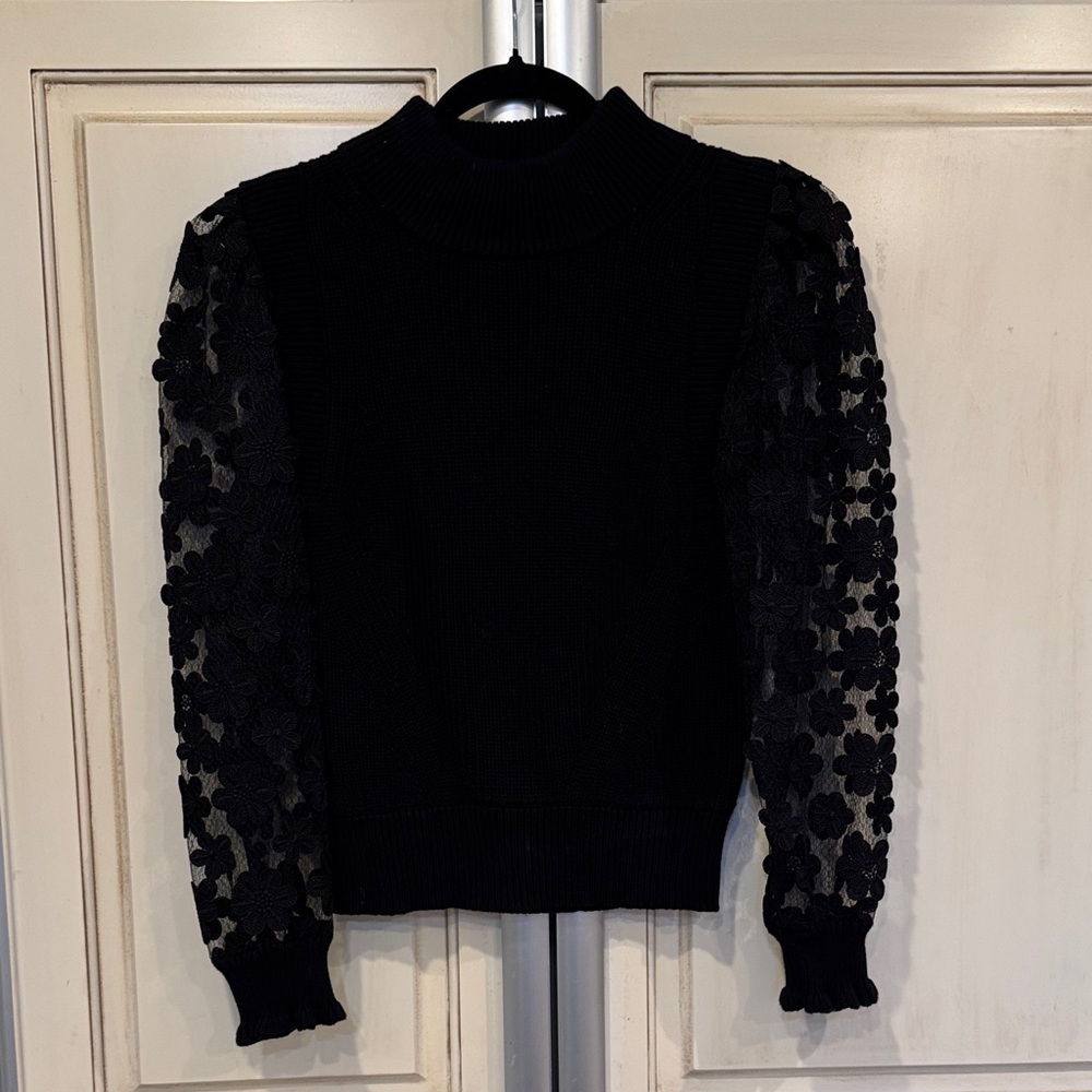 French Connection Black Knit Top small sheer floral sleeve